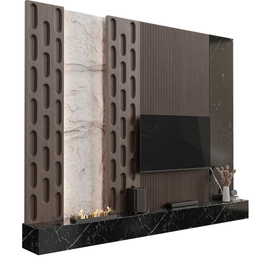 Modern 3D model of a living room TV wall set with stylish panels, realistic textures, including a fireplace, rendered in Blender Cycles.