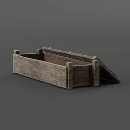 "Industrial wooden crate with lid for shipping produce, 3D model for Blender 3D. Inspired by Mikhail Lebedev and perfect for use in ARK Survival or Rust. Monochrome design with random object positioning on a gray surface."