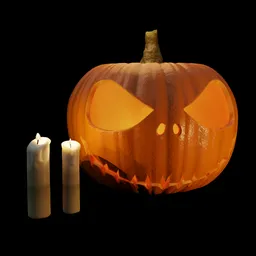 Low poly 3D Halloween pumpkin with glowing jack-o'-lantern face next to two candles, ideal for Blender 3D projects.