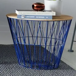 "Blue wire coffee table 3D model for Blender 3D: Small wooden top table with loose wire mesh and lattice leg design in trending navy blue color scheme, rendered with Corona. Perfect for interior design scenes."