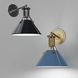 Retro-style 3D Blender model of sleek wall sconces in blue and black with brass detailing for various room decor.