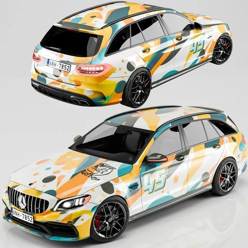 Detailed Mercedes C63 3D Blender model, rigged and color-customizable, ideal for closeup renders and animations, in centimeters.