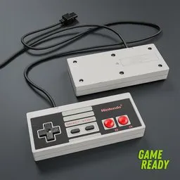 "Lowpoly NES video game controller 3D model for Blender 3D with 2k texture and 3 UV sets. Ready for game engine use, with highly detailed hyper-real retro design and LED gamers keyboard."