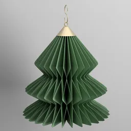 "Green origami Christmas tree hanging ornament on a gold chain, created with Blender 3D. Unique and trendy design featuring evergreen and ruffled elements. Perfect for holiday decorations."