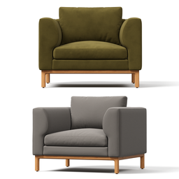 "Guide Lounge Chair - Modern 3D Model with Dual Material Variations for Blender 3D. Green and grey chair and a gray chair with defined edges, rendered to perfection. Warm colored furniture with natural dull tones, suitable for sofas and furniture arrangements."