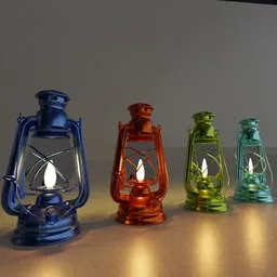 Variety of colorful medieval lantern 3D models with customizable shaders, optimized for Blender rendering.