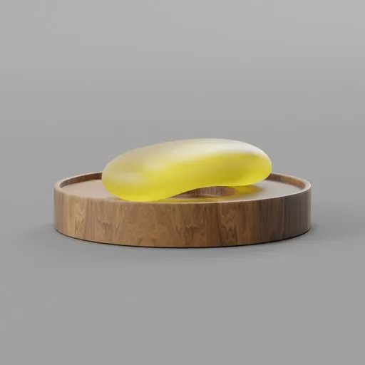 Realistic Blender 3D model rendering of a translucent yellow soap on circular wooden dish, showcasing detailed textures and lighting.