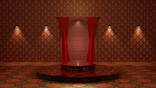 Elegant 3D-rendered interior scene with red curtains and vintage wallpaper, ideal for product showcases in Blender.