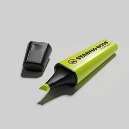 Realistic 3D model of a neon green highlighter, cap off, created in Blender, suitable for detailed close-ups.