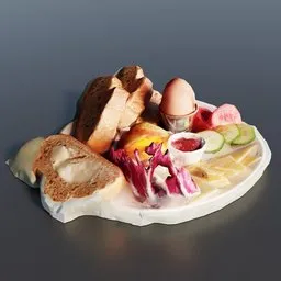 Detailed Blender 3D model of a stylized breakfast plate with various food items, ideal for cafe visualization.