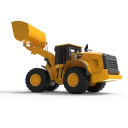 "3D model of a Wheel Loader, an industrial vehicle with a large front end loader. This Blender 3D model is equipped with easy-to-control bones, allowing for effortless animation. Perfect for Blender 3D users in need of a high-quality, animated wheel loader."