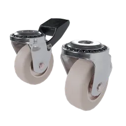 "Construction themed 3D model of caster wheels for Blender 3D. Two light pink casters with black top and wheels are trendy for studio product shots and feature brass fittings and soft render. Perfect for adding realism to your scene or design project."