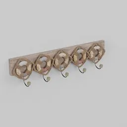 "Naval key holder: A visually stunning 3D sculpture with wooden wall hooks adorned with seashells, featuring a unique design inspired by Carpoforo Tencalla. Ideal for Blender 3D users seeking a decorative key holder with ringlet, wrought iron, and wine red trim elements. Perfect for enhancing your scene and optimizing your Google image search."