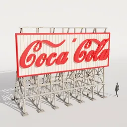 "Outdoor billboard sign featuring realistic Coca-cola advertisement. 3D model created in Blender 3D with wooden structures inspired by Charles W. Bartlett. Perfect for adding to your public scenes."