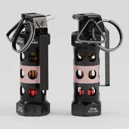 "Get your hands on the Flashbang 3D Model - perfectly optimized for gaming engines and inspired by Leon Wyczółkowski. This equipment category 3D model features black and pink lighters with keychains, gas grenades, and graffiti elements, captured in a vibrant Marmoset Toolbag render. Available for use in Blender 3D with fully detailed faces and placed in front of a red laser scanner, this model is a must-have for any gaming enthusiast or 3D modeler. "