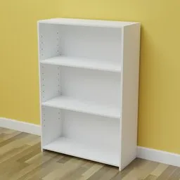 "White 3 Shelf Bookcase 3'x1' for Blender 3D - Simple and Nostalgic Design with High-Res Photo Dataset from Bjørn and Upvoted by Discord Community."