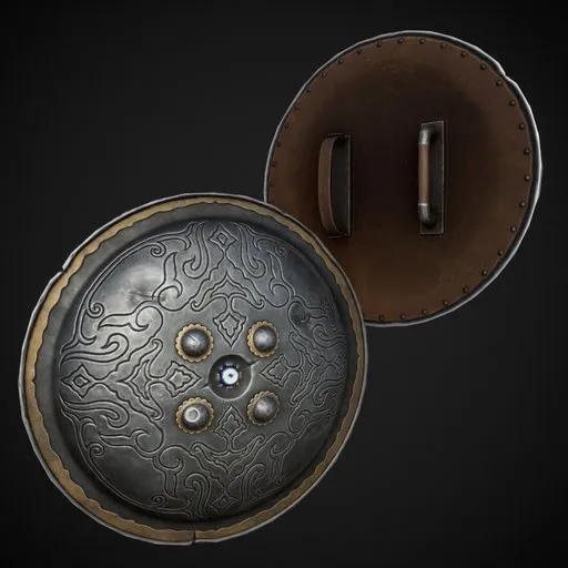 Detailed 3D modeled ancient shield with ornate patterns, ideal for Blender projects and 3D military simulations.