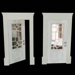 Elegant white wooden 3D door model with transparent glass windows, suitable for architectural renderings in Blender.