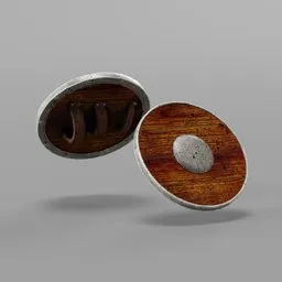 Low-poly 3D wood shield model with metal details, optimized for Blender use in game development.