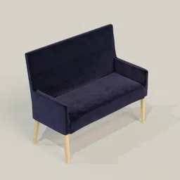 Detailed 3D model of a modern navy blue two-seater Ziygon sofa with elegant wooden legs for Blender rendering.