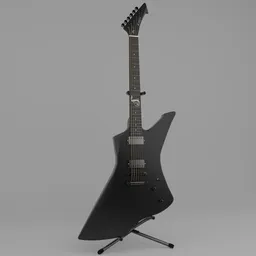 "ESP Snakebyte electric guitar on stand, designed by James Hetfield for detailed body and face rendering in Blender 3D. Desert of distortion ranger with pickaxe, perfect for product design and reconstruction."
