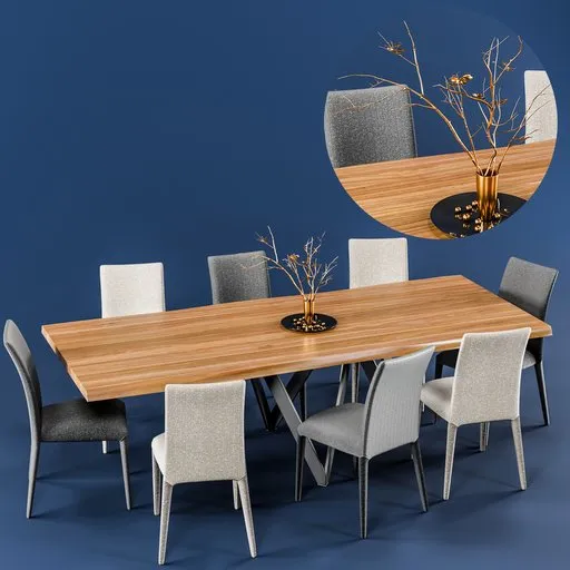 High-quality, low-poly 3D Blender model of a wooden table with chairs and decorative vases, suitable for close-ups and animations.