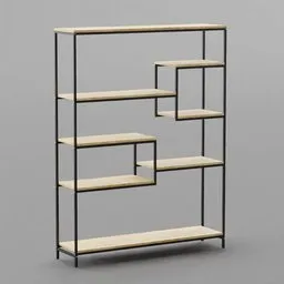 High-quality 3D model of a metal frame shelf with wooden planks, designed for realistic hall interiors, compatible with Blender.