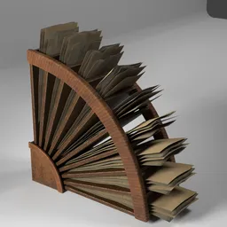Detailed 3D rendering of a vintage wood paper rack with papers, Blender 3D model preview.