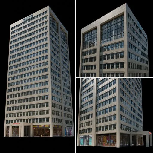 Optimized Blender 3D model of a multi-story residential building with detailed retail ground floor for close-up renders.