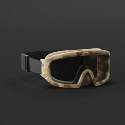 Realistic camouflage goggles 3D model with detailed texture work, perfect for Blender rendering and animation.