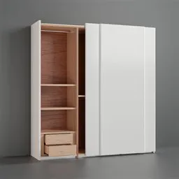 "3D model of a modern white cupboard with a drawer and shelf, inspired by Georg Friedrich Kersting. This Blender 3D model features detailed plans and notes, showcasing an elegant and futuristic wardrobe design. The wardrobe has functional constraints that allow users to open the doors and drawers with ease."