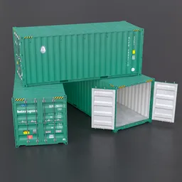 Detailed green 3D model of a 20ft shipping container with movable doors, suitable for video game asset design in Blender 3D.