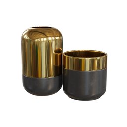 "Decorative Vase-02: A stunning gold and black vase for office and dining tables, compatible with Blender 3D. This high-resolution 3D model features bold lines, antique gold accents, and carbon black finish. Enhance your designs with this elegant piece from BlenderKit's drawing category."