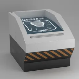 "Scifi modular table display with biometric identification technology for Blender 3D modeling. Features tennis ball picture box, cyberdeck computer terminal, and arcade cabinet. Detailed texture render inspired by James Montgomery Flagg. Perfect for science-themed projects."