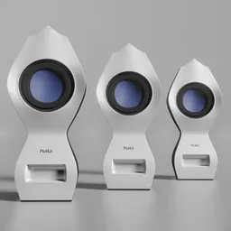 Modern 3D-rendered speaker trio with blue cones, optimized for architectural and product design visuals in Blender.