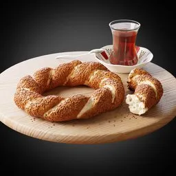 High-quality 3D model of sesame bagel with cream cheese and tea, ideal for Blender rendering.