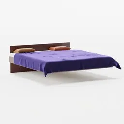 3D modeled bed with purple bedding and wooden headboard, designed for leaning against a wall, created in Blender.