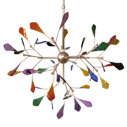 "Colorful Pendant Light 3D Model for Blender 3D: High Detail and Photorealistic, with accurately sized geometry, tailored textures, and materials for high-quality renders. This chandelier features brightly colored glass flowers hanging from a metal frame and is perfect for children's rooms, bedrooms, or restaurants."