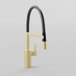 Realistic brass kitchen faucet with black accents, 3D render for Blender, modern kitchen fixture design.