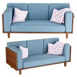 Realistic blue 3D sofa model with plaid pillows, wooden legs, optimized for Blender rendering.