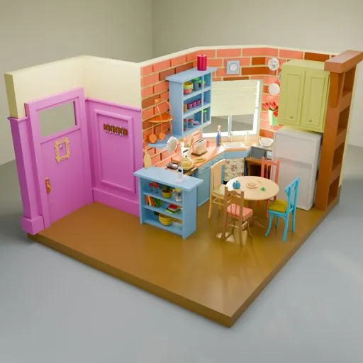 Detailed 3D model of a colorful, retro-styled kitchen with appliances and furniture, suitable for animation.