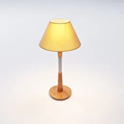 3D rendered wooden and metal bedside lamp model with illuminated shade, available for Blender.