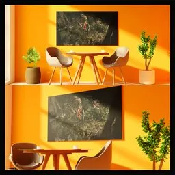 3D-rendered modern interior scene with bright yellow walls and minimalistic furniture design.