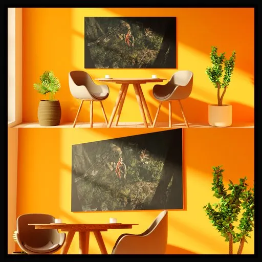 3D-rendered modern interior scene with bright yellow walls and minimalistic furniture design.