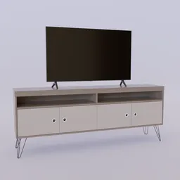 3D-rendered cream TV stand with wooden accents and sleek metal legs for Blender modeling.