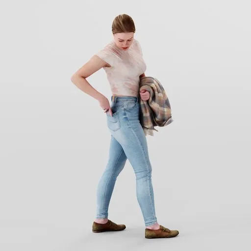 Detailed Blender 3D female model in casual attire reaching into back pocket for phone, with plaid shirt in hand.