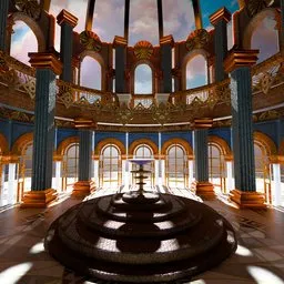 Luxurious fantasy hall 3D model with golden accents and ornate designs, reminiscent of Final Fantasy.