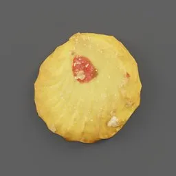 "3D model of a biscuit with jam on top, optimized topology and photo studio quality. Rendered with Redshift for micro details and featuring a red and yellow flag. Perfect for product display photography and available in uncompressed PNG format."