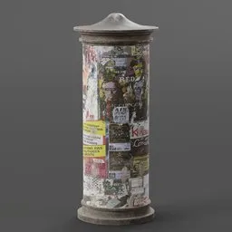 Detailed Blender 3D rendered model of an advertising pillar plastered with posters and flyers, isolated on grey.