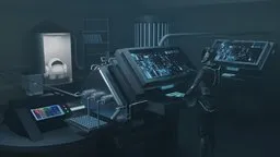 Futuristic 3D lab scene with holographic displays and ambient lighting for Blender.